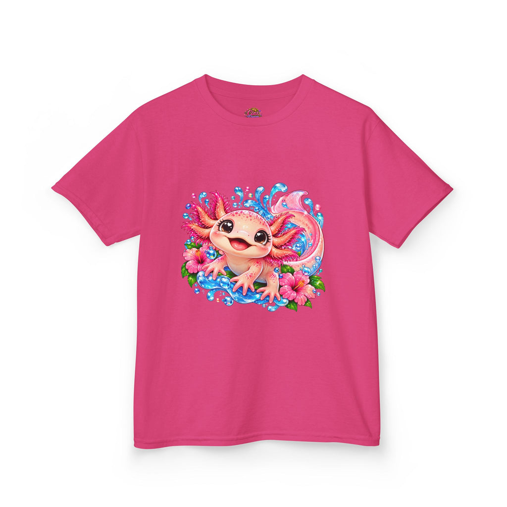 Cute Axolotl Kids T-Shirt — Pink Watercolor Axolotl with Flowers (Children's Tee)