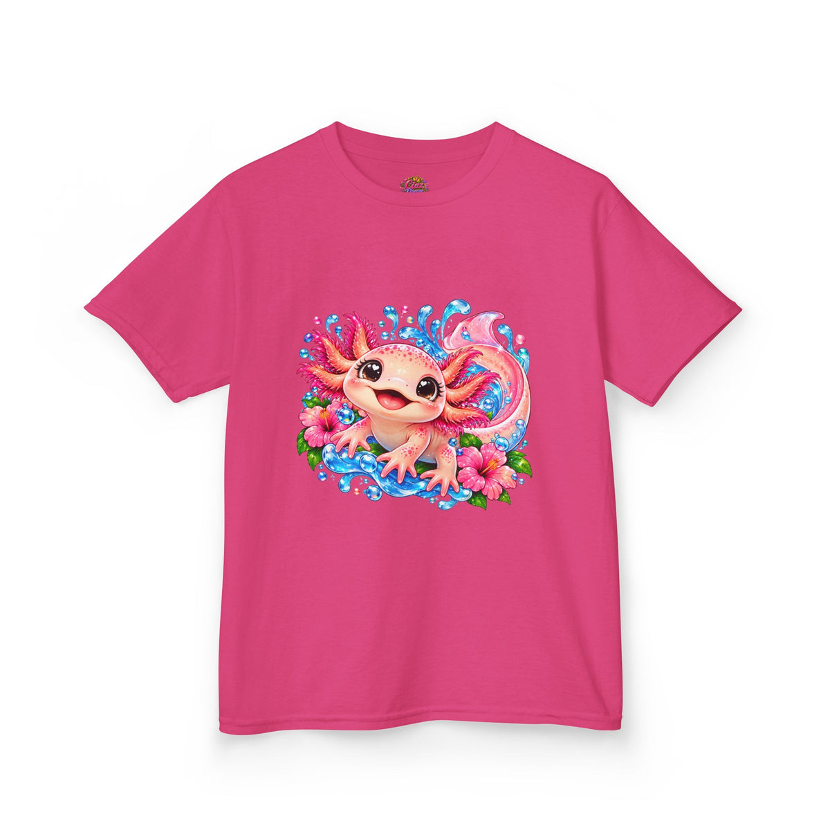 Cute Axolotl Kids T-Shirt — Pink Watercolor Axolotl with Flowers (Children's Tee)