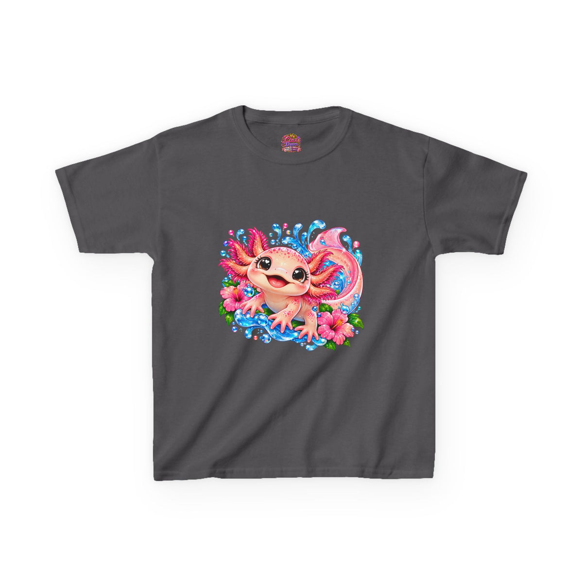 Cute Axolotl Kids T-Shirt — Pink Watercolor Axolotl with Flowers (Children's Tee)