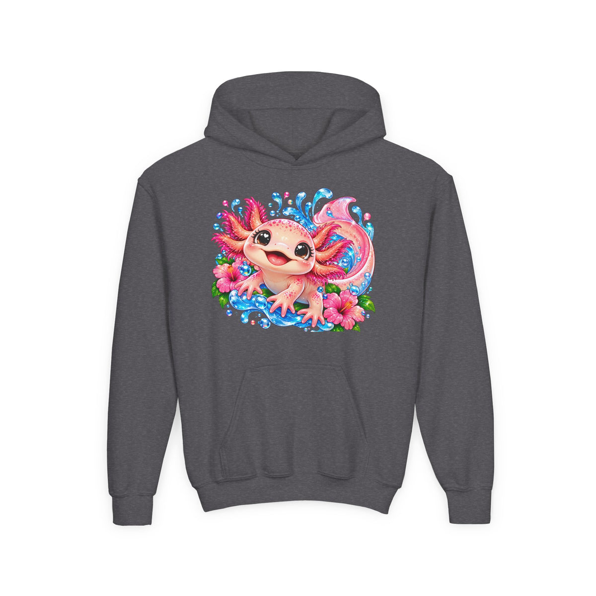 Axolotl Kids Hoodie - Cute Pink Axolotl with Flowers & Water Splash Youth Sweatshirt