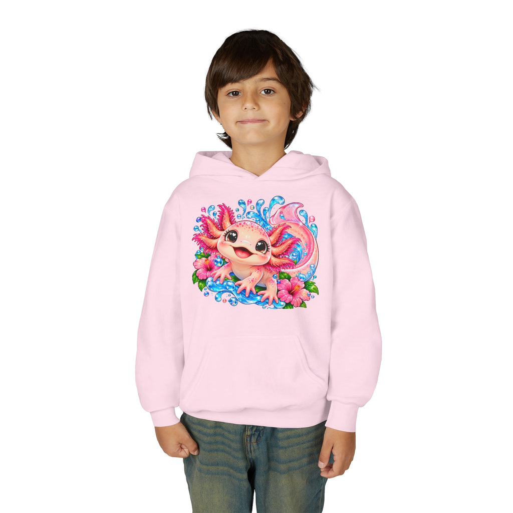 Axolotl Kids Hoodie - Cute Pink Axolotl with Flowers & Water Splash Youth Sweatshirt