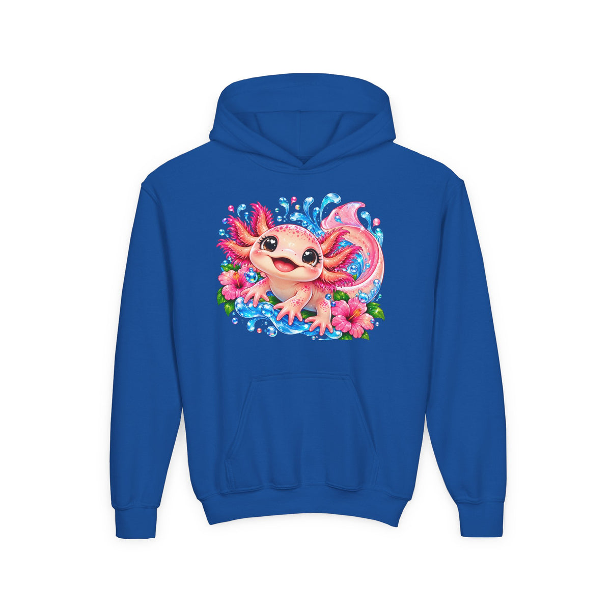Axolotl Kids Hoodie - Cute Pink Axolotl with Flowers & Water Splash Youth Sweatshirt