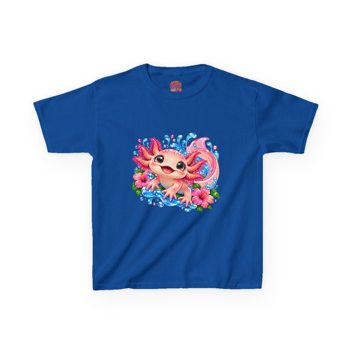 Cute Axolotl Kids T-Shirt — Pink Watercolor Axolotl with Flowers (Children's Tee)