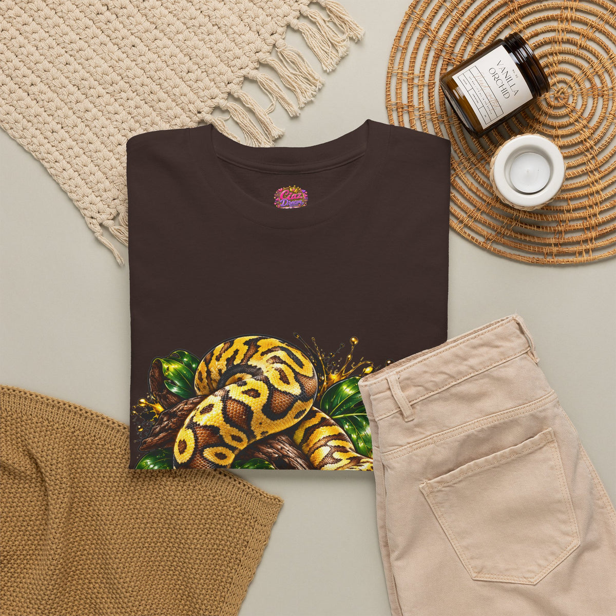 Ball Python Illustration T‑Shirt — Yellow Jungle Snake Graphic Tee