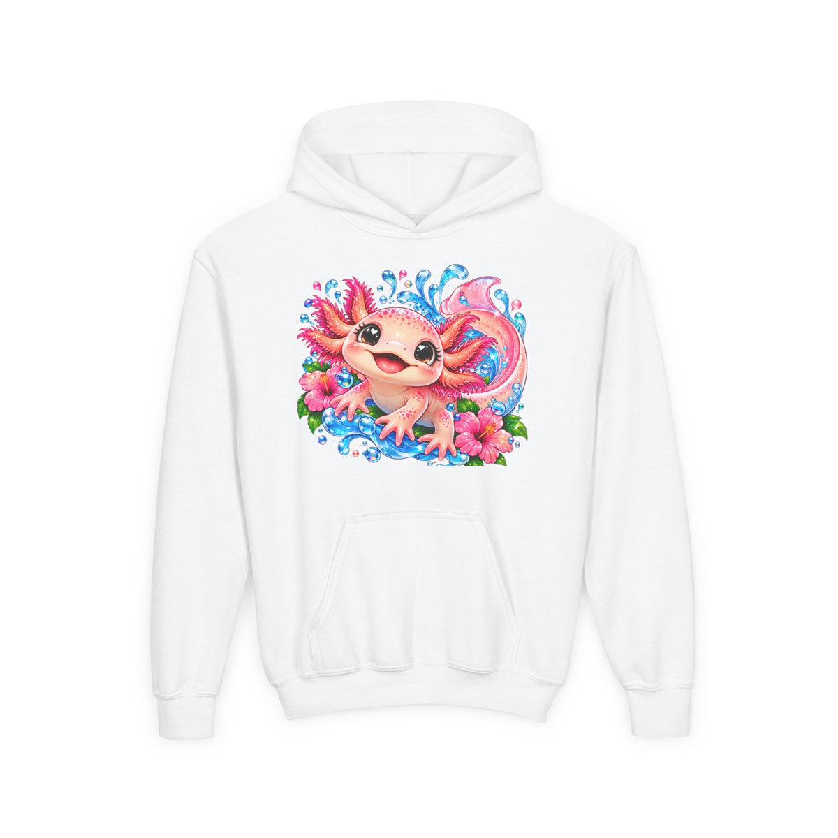 Axolotl Kids Hoodie - Cute Pink Axolotl with Flowers & Water Splash Youth Sweatshirt