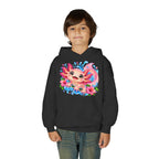 Axolotl Kids Hoodie - Cute Pink Axolotl with Flowers & Water Splash Youth Sweatshirt