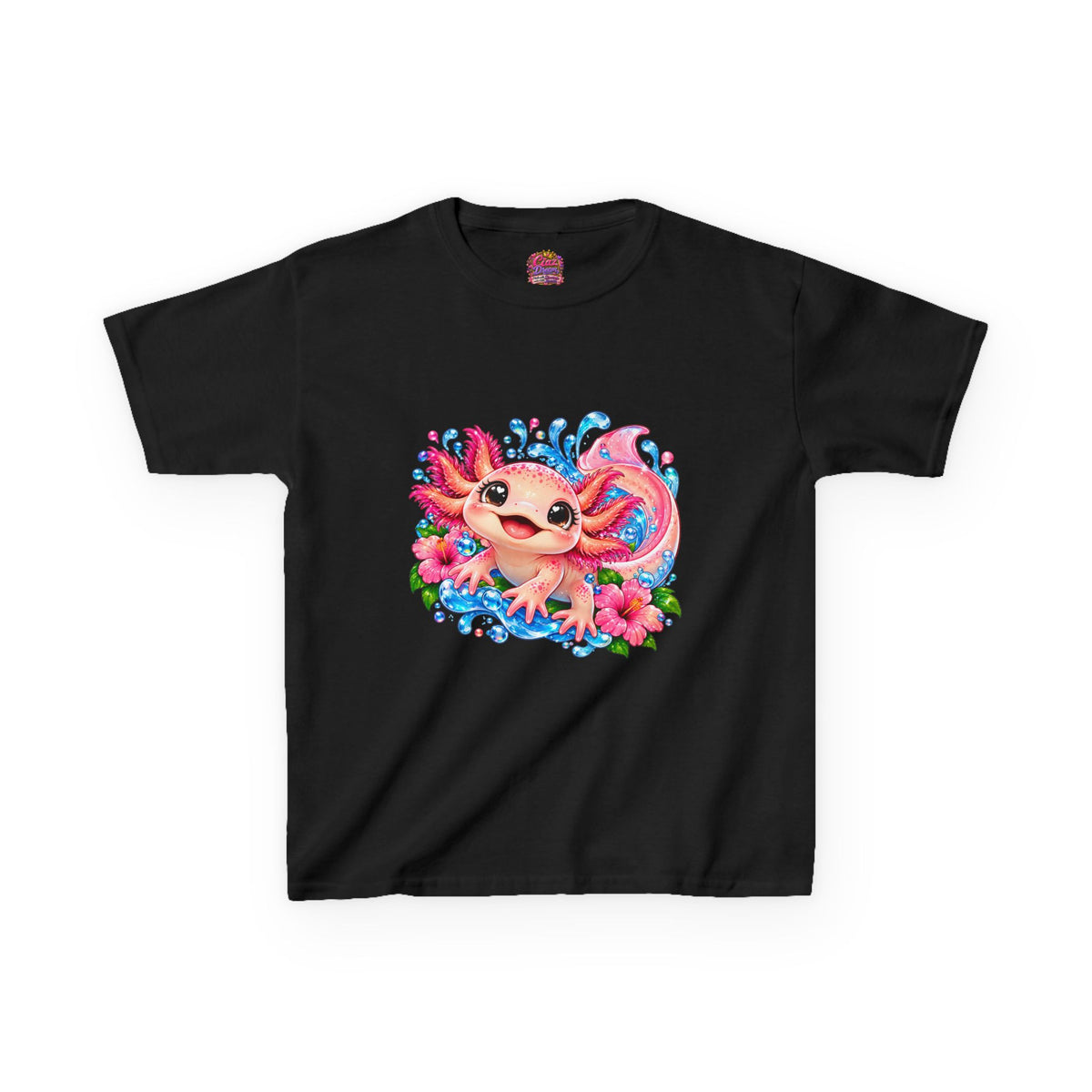 Cute Axolotl Kids T-Shirt — Pink Watercolor Axolotl with Flowers (Children's Tee)