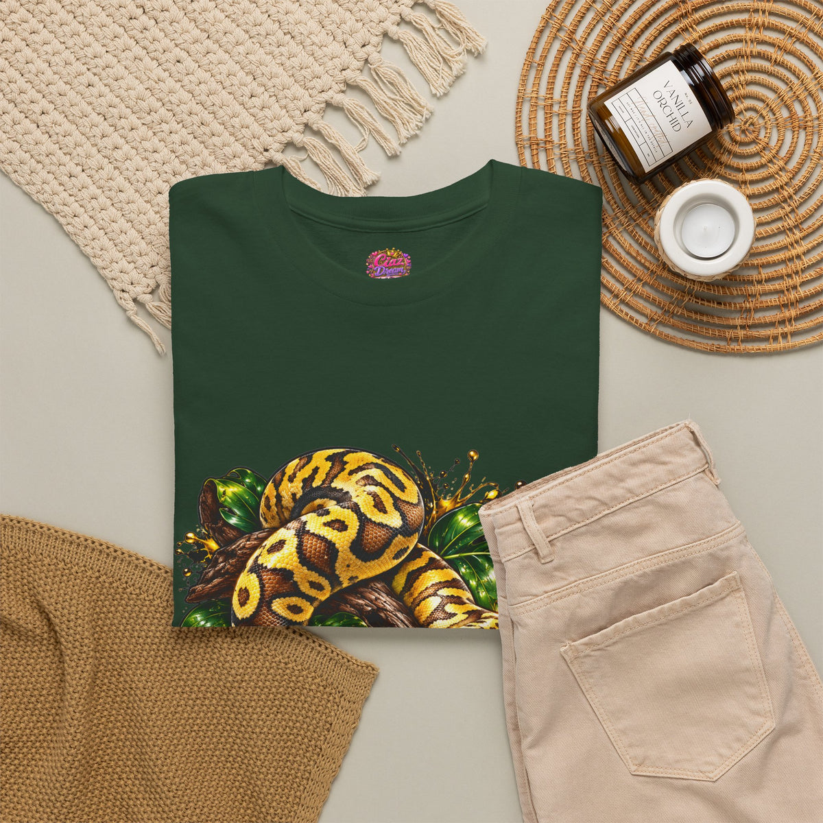 Ball Python Illustration T‑Shirt — Yellow Jungle Snake Graphic Tee