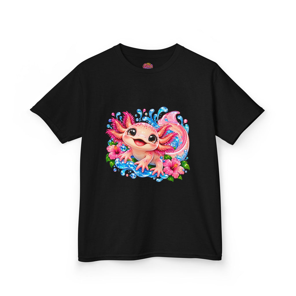 Cute Axolotl Kids T-Shirt — Pink Watercolor Axolotl with Flowers (Children's Tee)