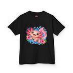 Cute Axolotl Kids T-Shirt — Pink Watercolor Axolotl with Flowers (Children's Tee)