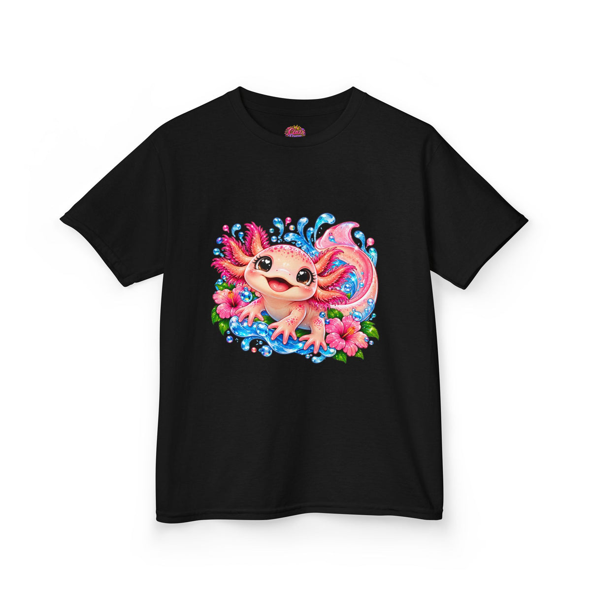 Cute Axolotl Kids T-Shirt — Pink Watercolor Axolotl with Flowers (Children's Tee)