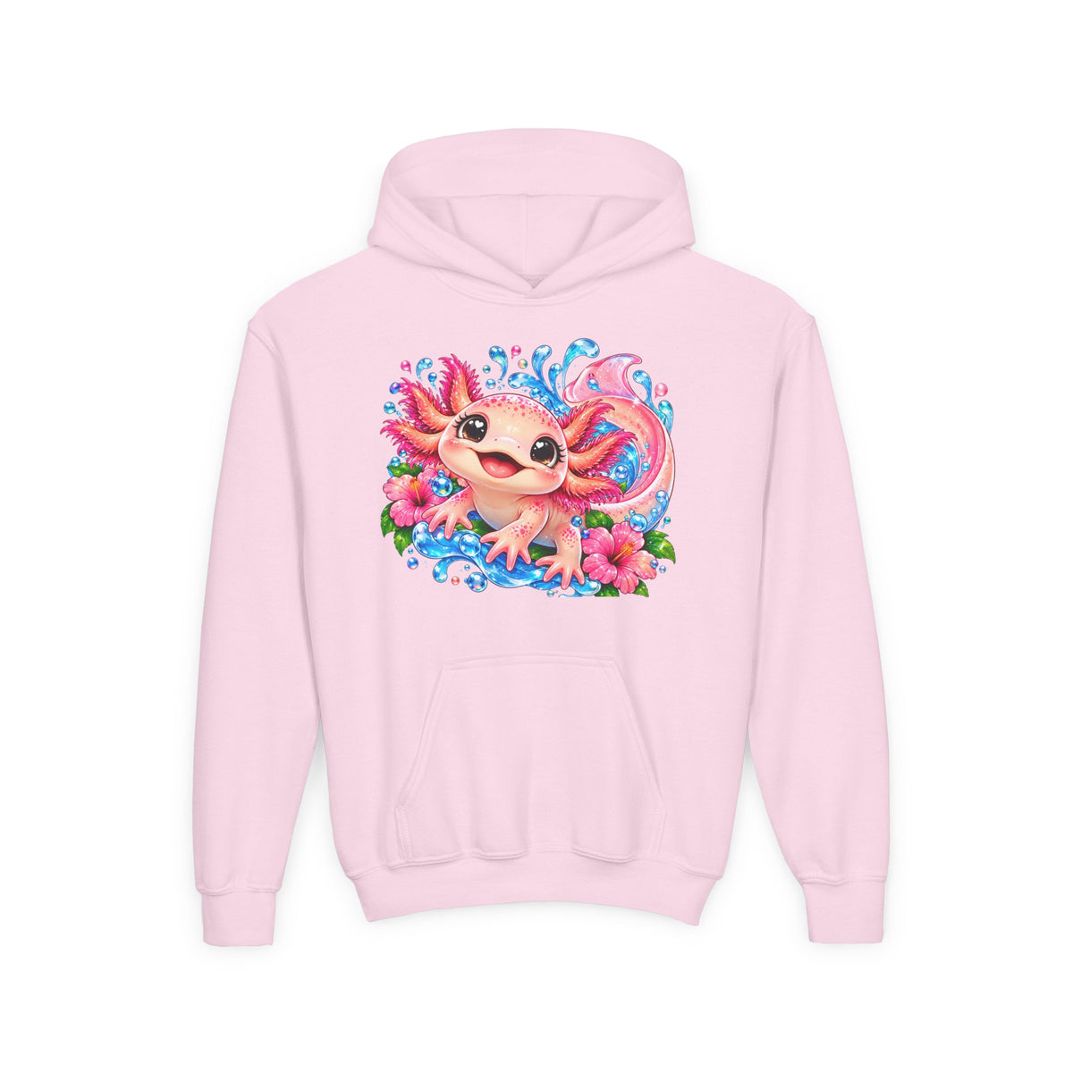 Axolotl Kids Hoodie - Cute Pink Axolotl with Flowers & Water Splash Youth Sweatshirt