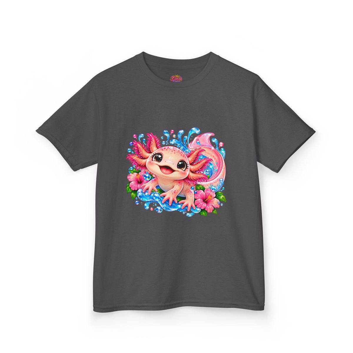 Cute Axolotl Kids T-Shirt — Pink Watercolor Axolotl with Flowers (Children's Tee)