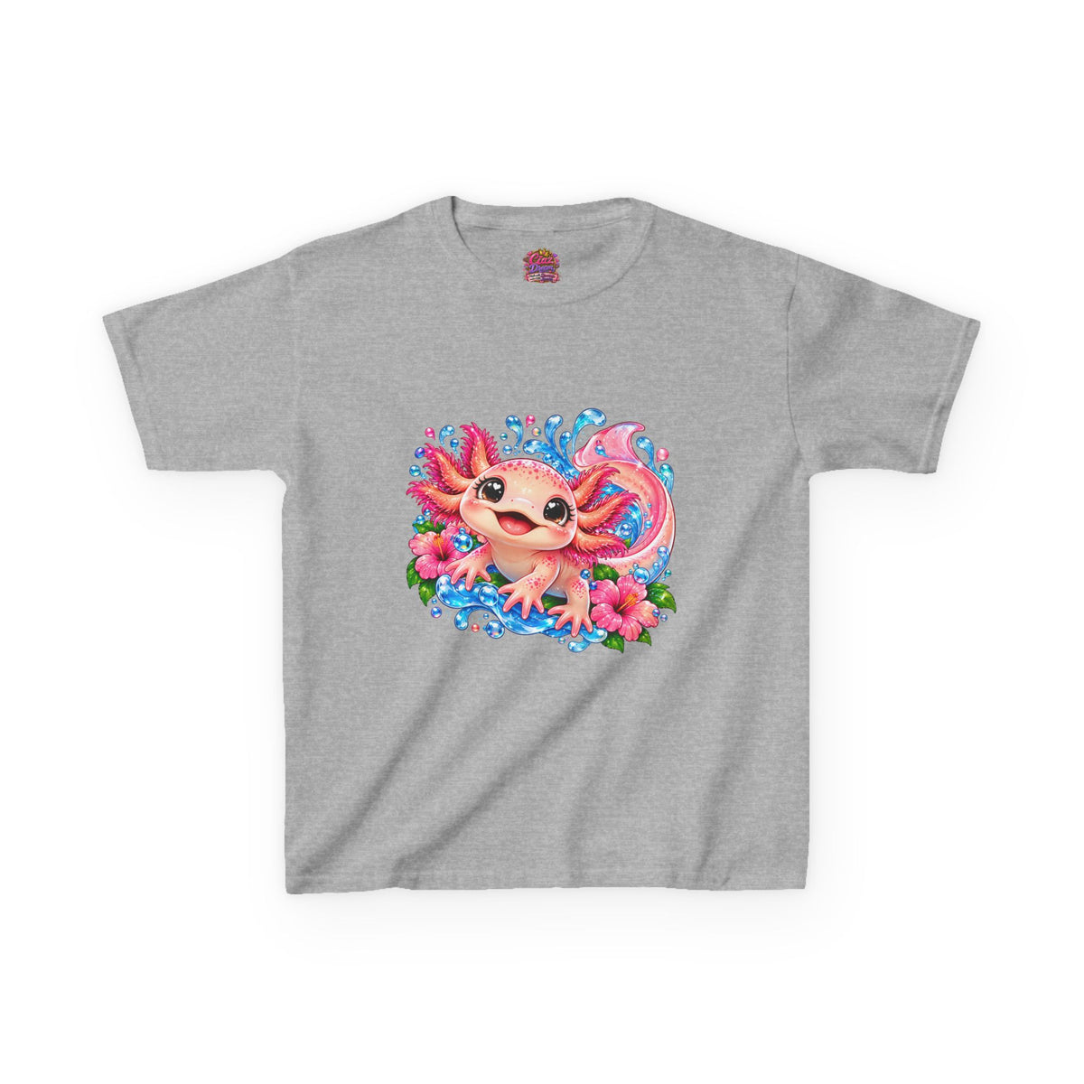 Cute Axolotl Kids T-Shirt — Pink Watercolor Axolotl with Flowers (Children's Tee)