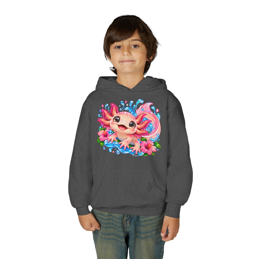 Axolotl Kids Hoodie - Cute Pink Axolotl with Flowers & Water Splash Youth Sweatshirt
