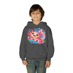 Axolotl Kids Hoodie - Cute Pink Axolotl with Flowers & Water Splash Youth Sweatshirt