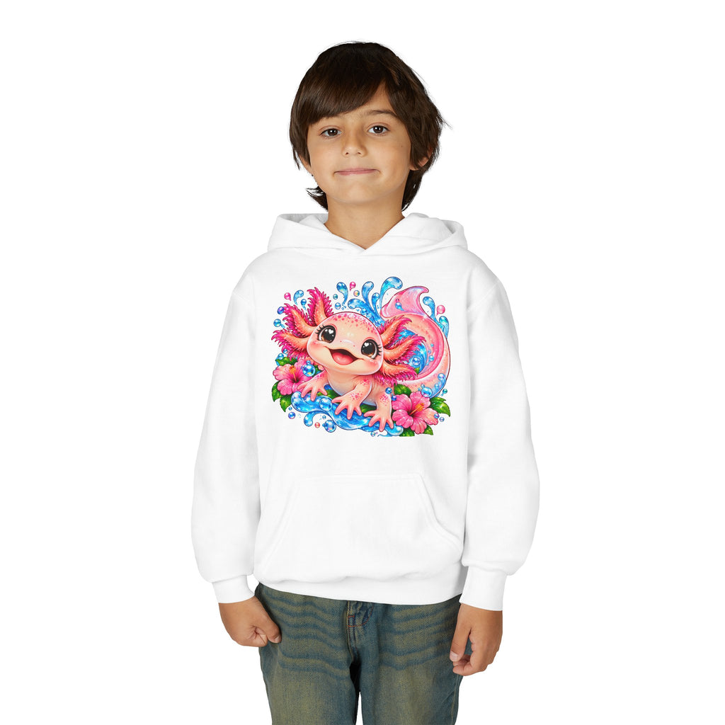 Axolotl Kids Hoodie - Cute Pink Axolotl with Flowers & Water Splash Youth Sweatshirt