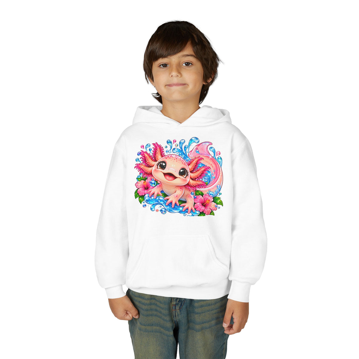 Axolotl Kids Hoodie - Cute Pink Axolotl with Flowers & Water Splash Youth Sweatshirt