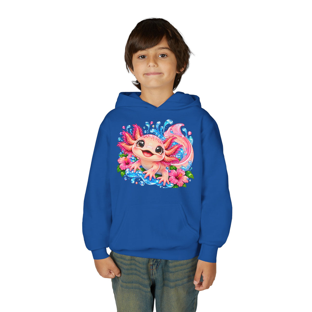 Axolotl Kids Hoodie - Cute Pink Axolotl with Flowers & Water Splash Youth Sweatshirt