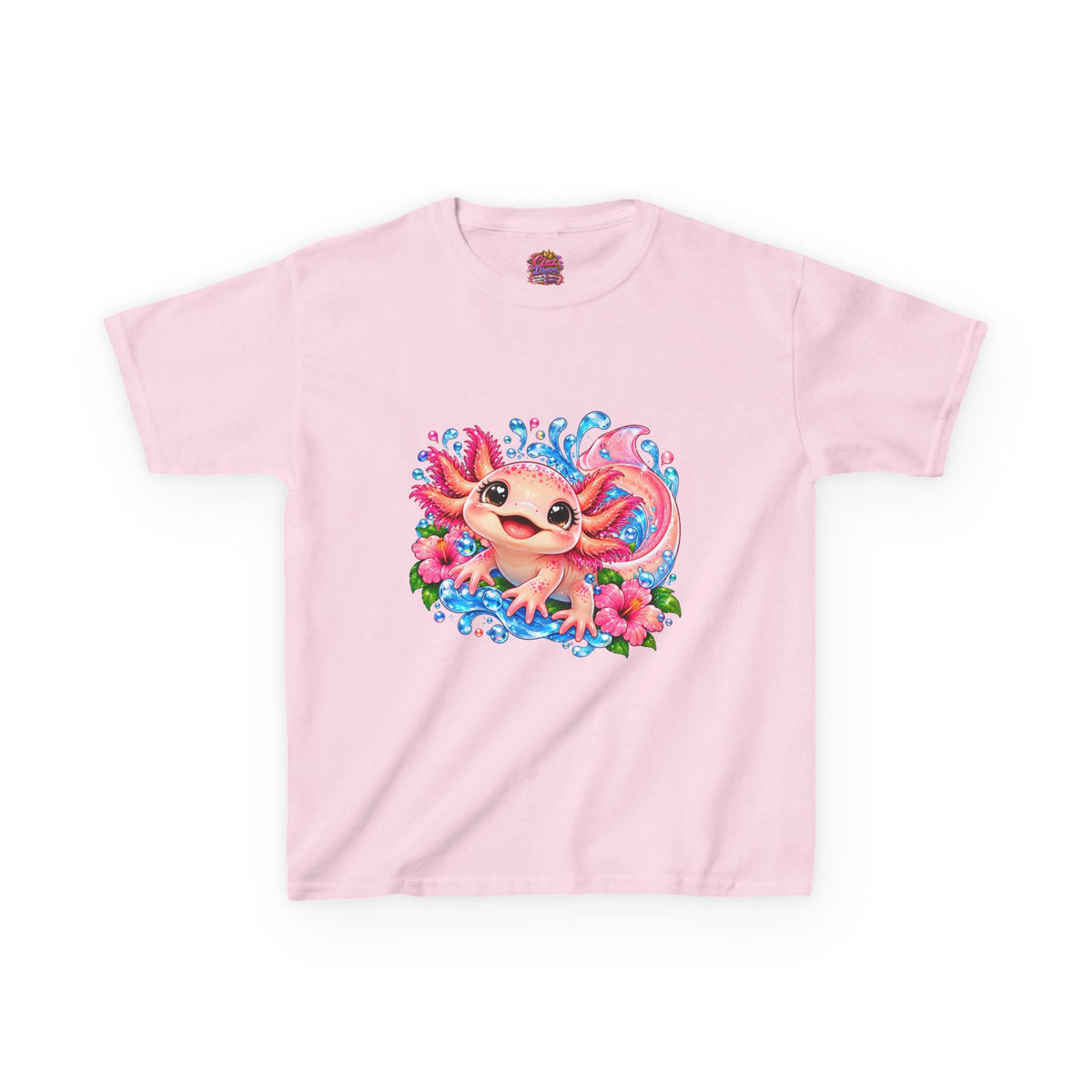 Cute Axolotl Kids T-Shirt — Pink Watercolor Axolotl with Flowers (Children's Tee)