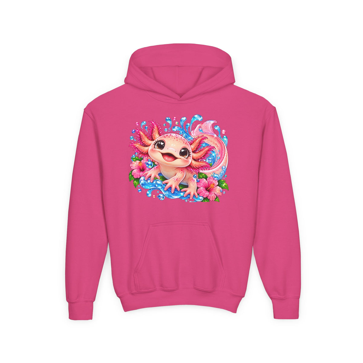 Axolotl Kids Hoodie - Cute Pink Axolotl with Flowers & Water Splash Youth Sweatshirt