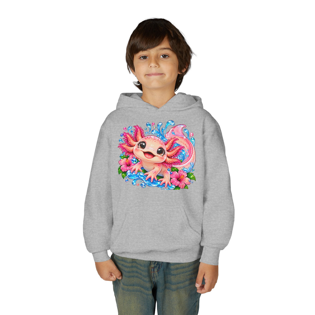 Axolotl Kids Hoodie - Cute Pink Axolotl with Flowers & Water Splash Youth Sweatshirt