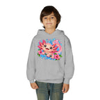Axolotl Kids Hoodie - Cute Pink Axolotl with Flowers & Water Splash Youth Sweatshirt