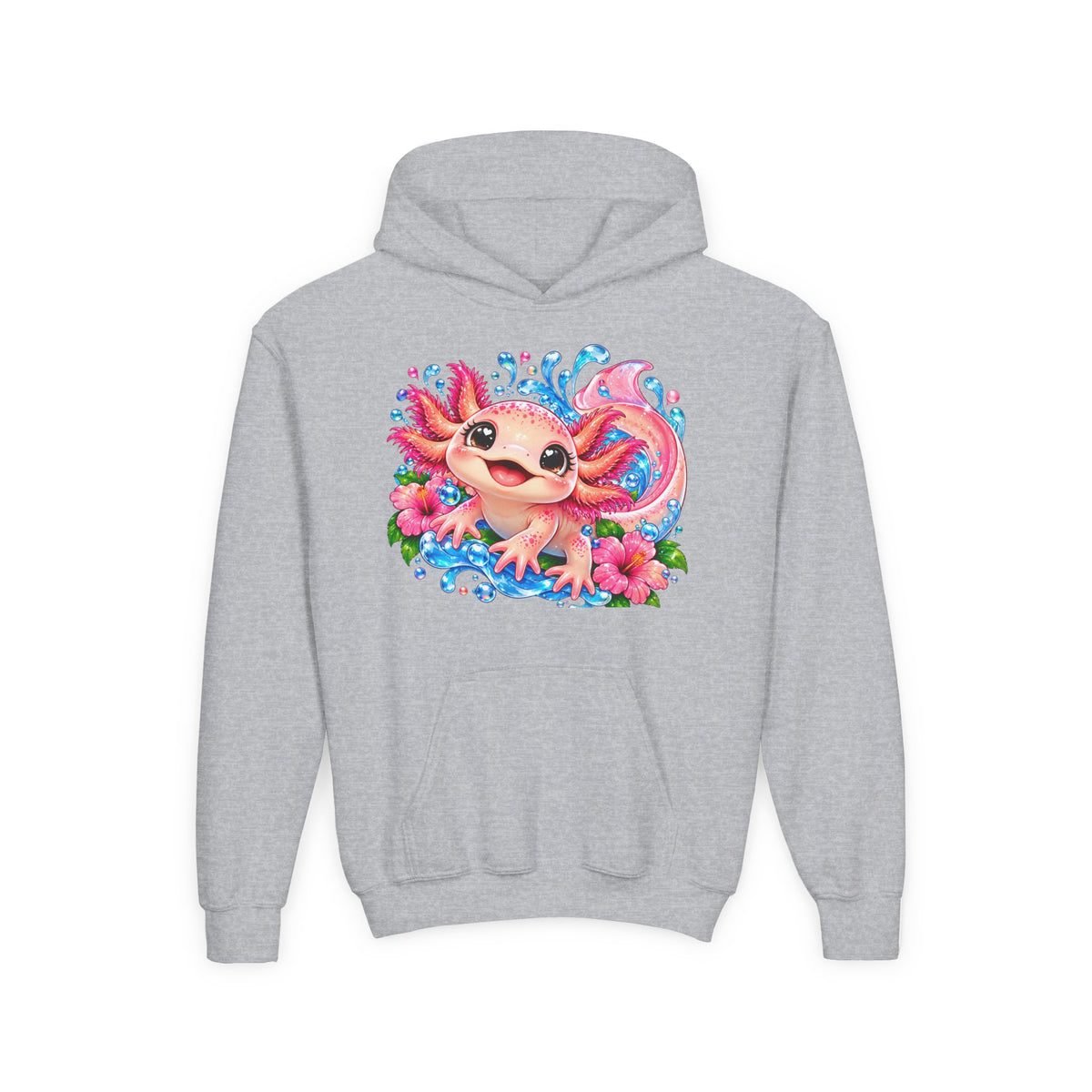 Axolotl Kids Hoodie - Cute Pink Axolotl with Flowers & Water Splash Youth Sweatshirt