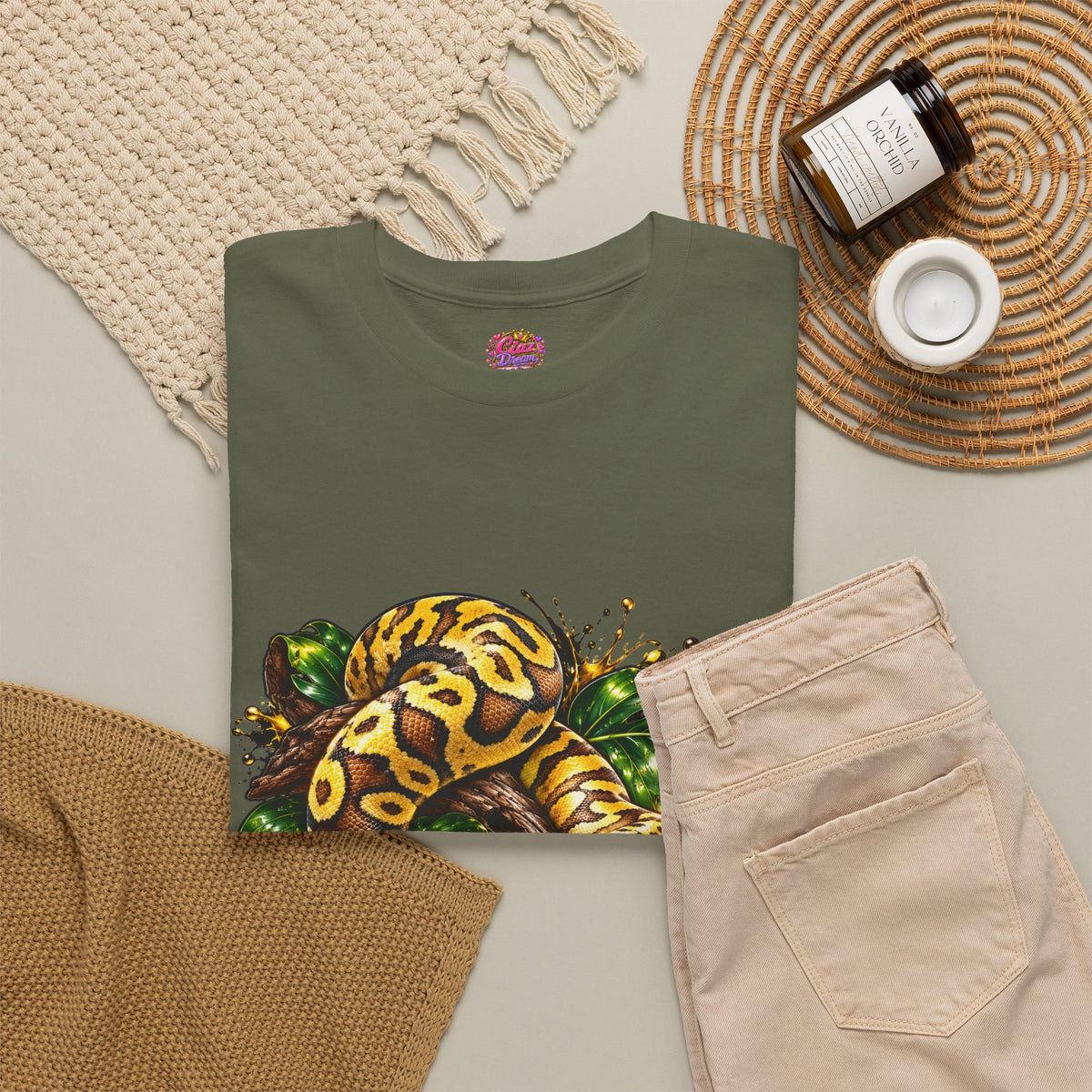 Ball Python Illustration T‑Shirt — Yellow Jungle Snake Graphic Tee