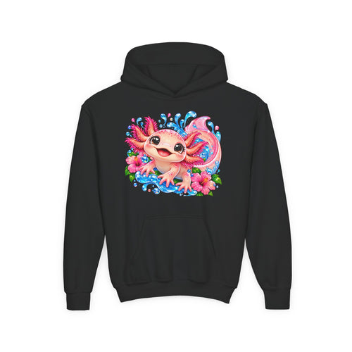 Axolotl Kids Hoodie - Cute Pink Axolotl with Flowers & Water Splash Youth Sweatshirt