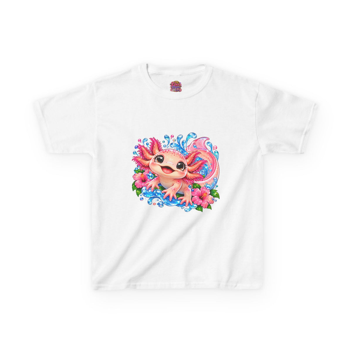 Cute Axolotl Kids T-Shirt — Pink Watercolor Axolotl with Flowers (Children's Tee)