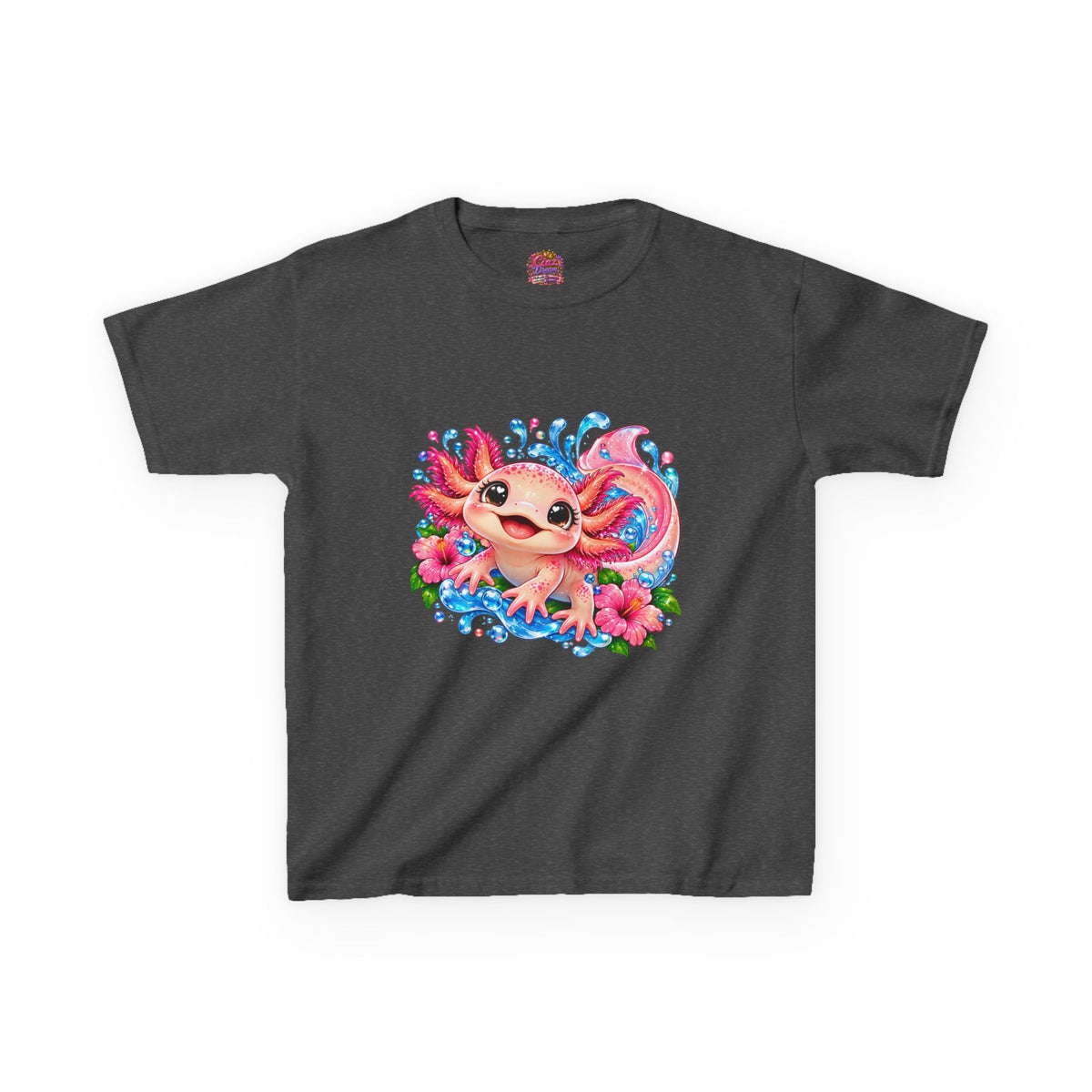 Cute Axolotl Kids T-Shirt — Pink Watercolor Axolotl with Flowers (Children's Tee)