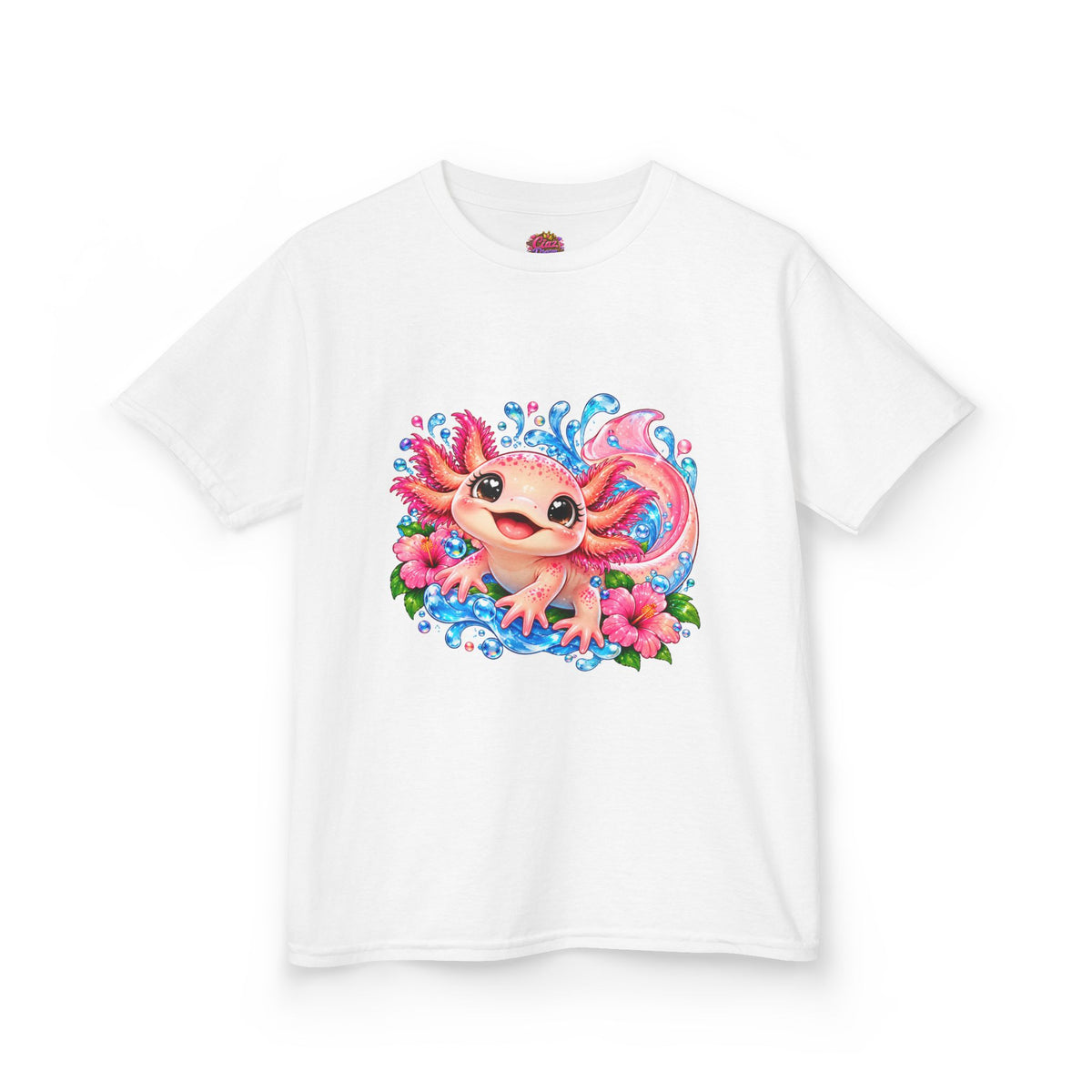 Cute Axolotl Kids T-Shirt — Pink Watercolor Axolotl with Flowers (Children's Tee)
