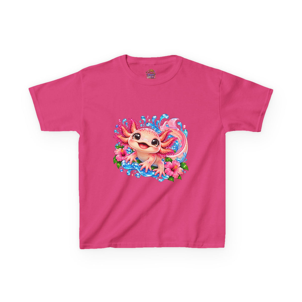 Cute Axolotl Kids T-Shirt — Pink Watercolor Axolotl with Flowers (Children's Tee)