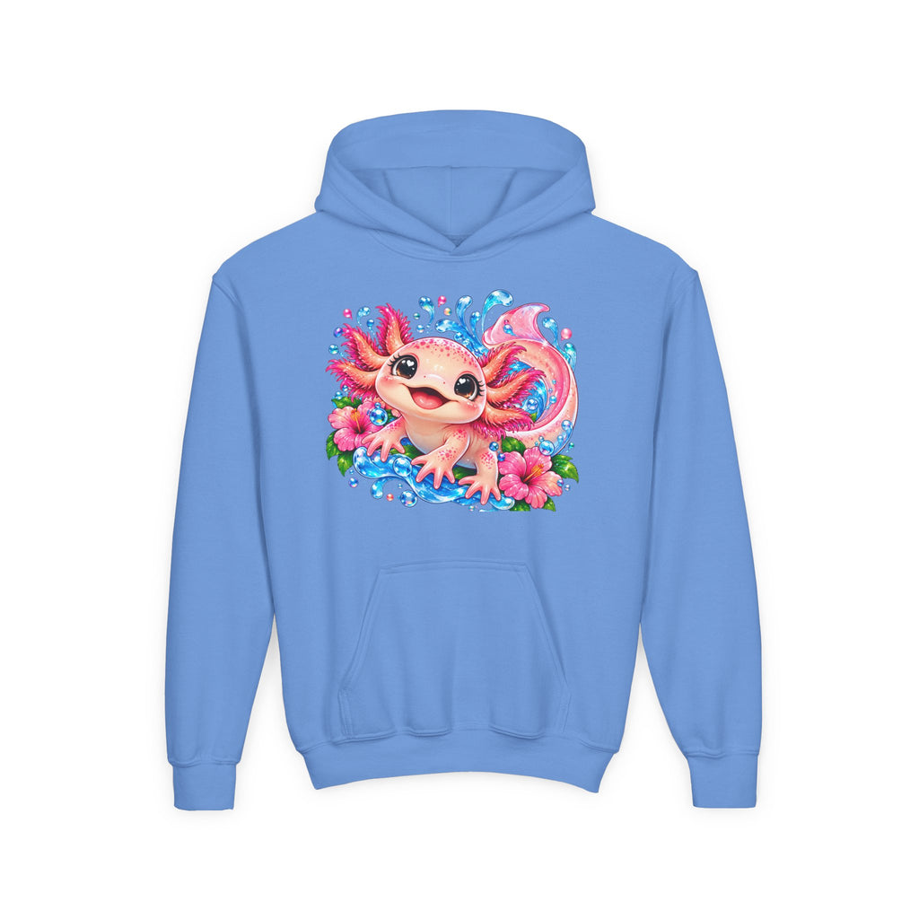 Axolotl Kids Hoodie - Cute Pink Axolotl with Flowers & Water Splash Youth Sweatshirt
