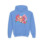 Axolotl Kids Hoodie - Cute Pink Axolotl with Flowers & Water Splash Youth Sweatshirt