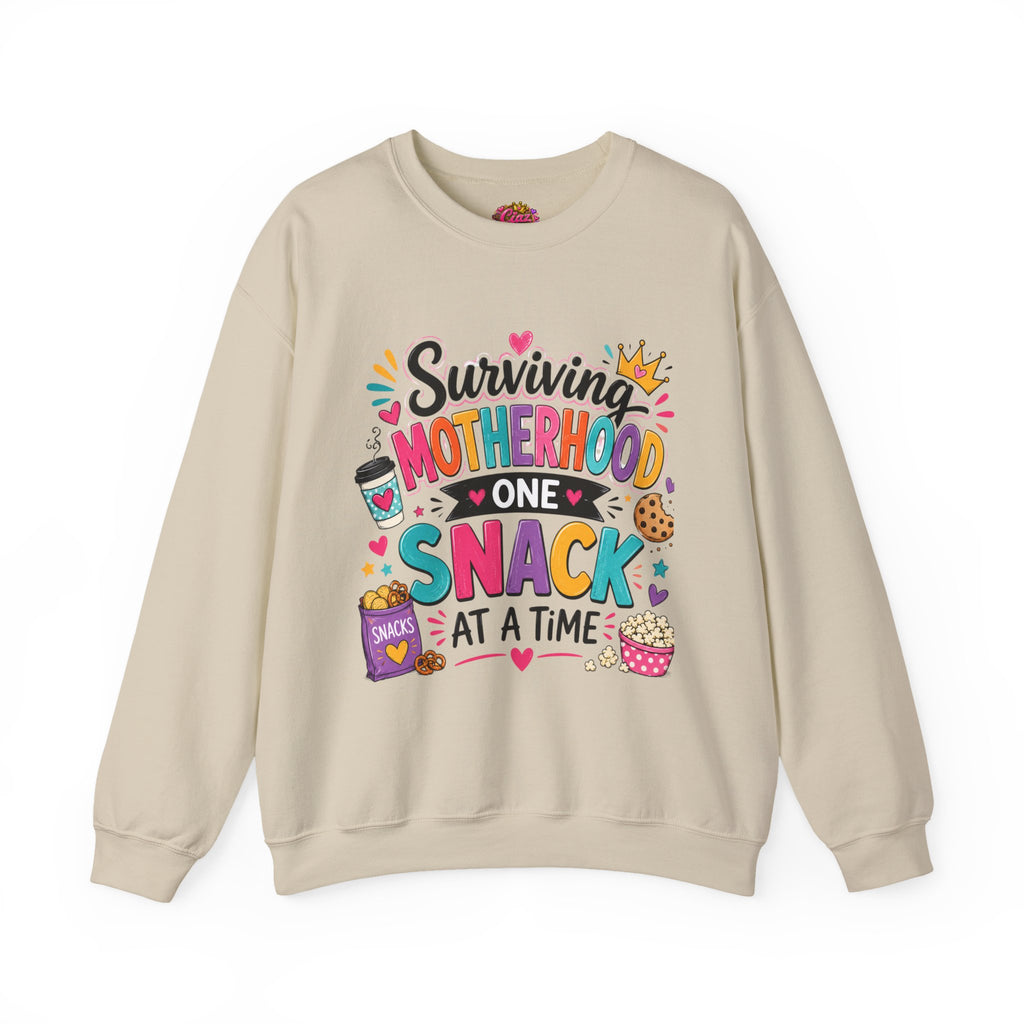 Motherhood Snack Crewneck Sweatshirt — "Surviving Motherhood One Snack at a Time"