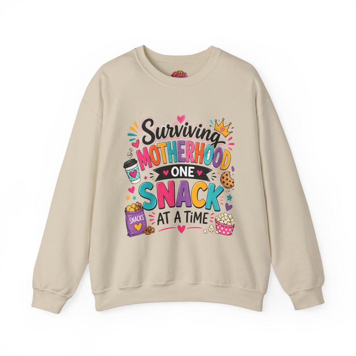 Motherhood Snack Crewneck Sweatshirt — "Surviving Motherhood One Snack at a Time"