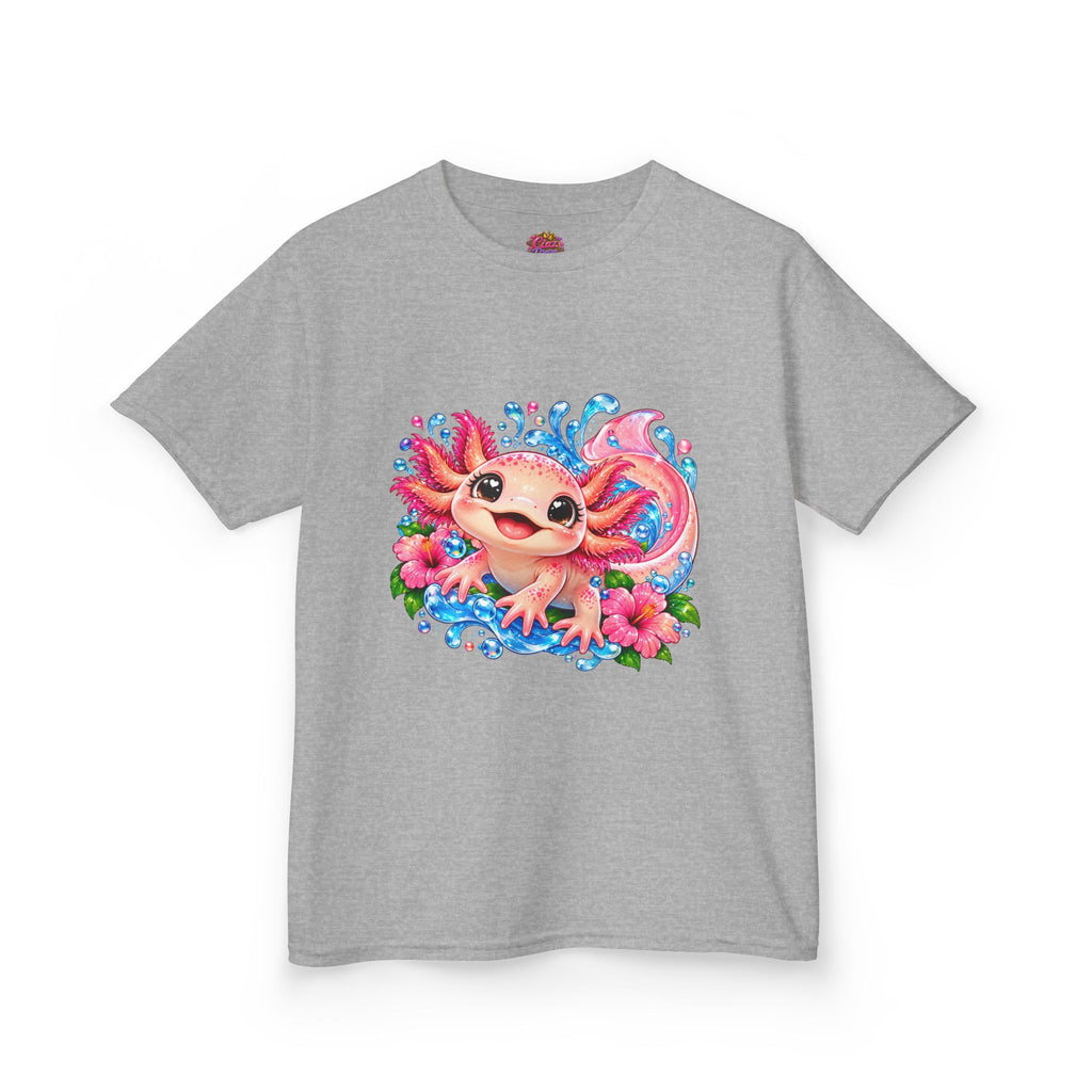Cute Axolotl Kids T-Shirt — Pink Watercolor Axolotl with Flowers (Children's Tee)