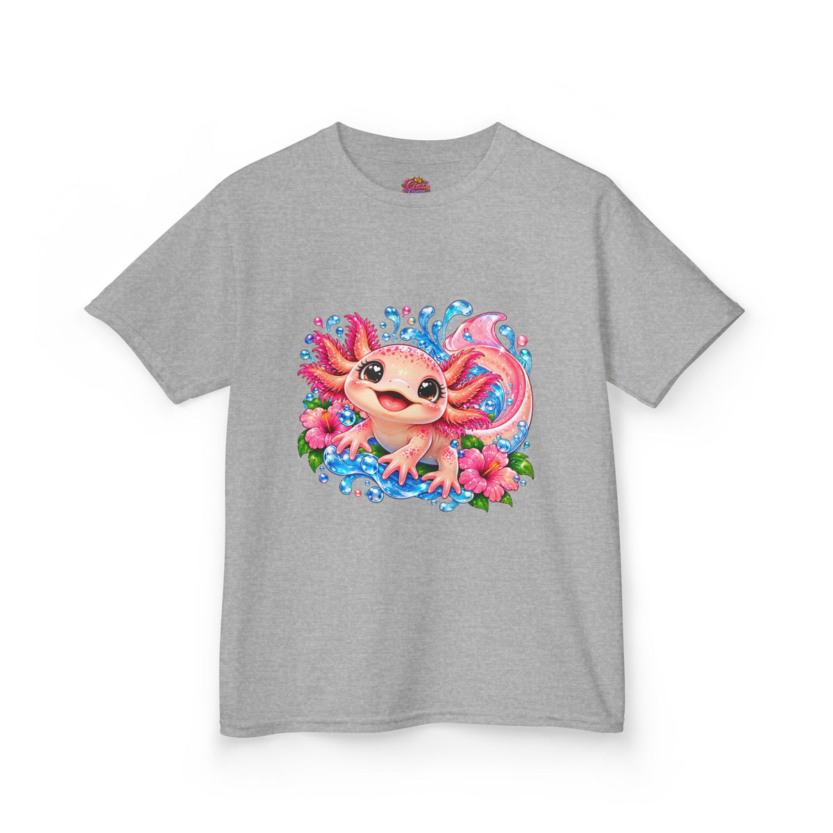 Cute Axolotl Kids T-Shirt — Pink Watercolor Axolotl with Flowers (Children's Tee)