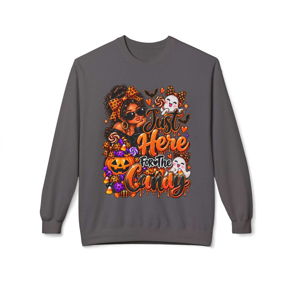 Halloween Crewneck Sweatshirt — "Just Here for the Candy" Graphic