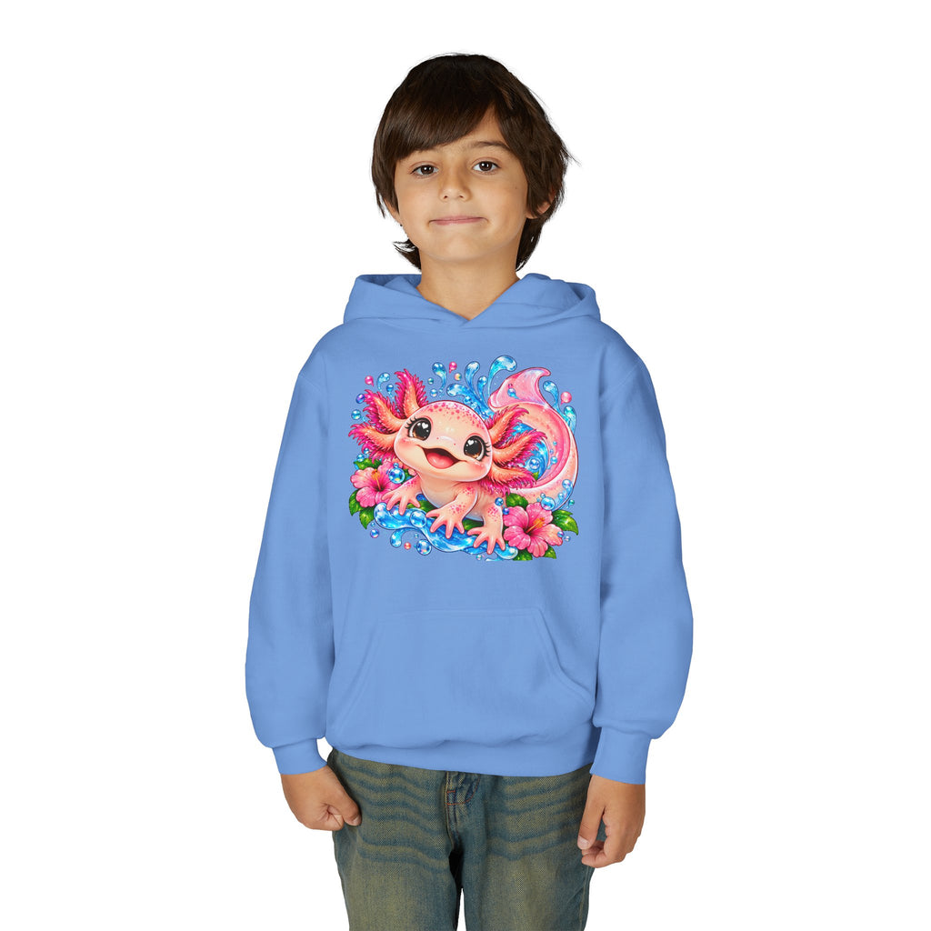 Axolotl Kids Hoodie - Cute Pink Axolotl with Flowers & Water Splash Youth Sweatshirt