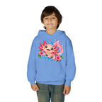 Axolotl Kids Hoodie - Cute Pink Axolotl with Flowers & Water Splash Youth Sweatshirt