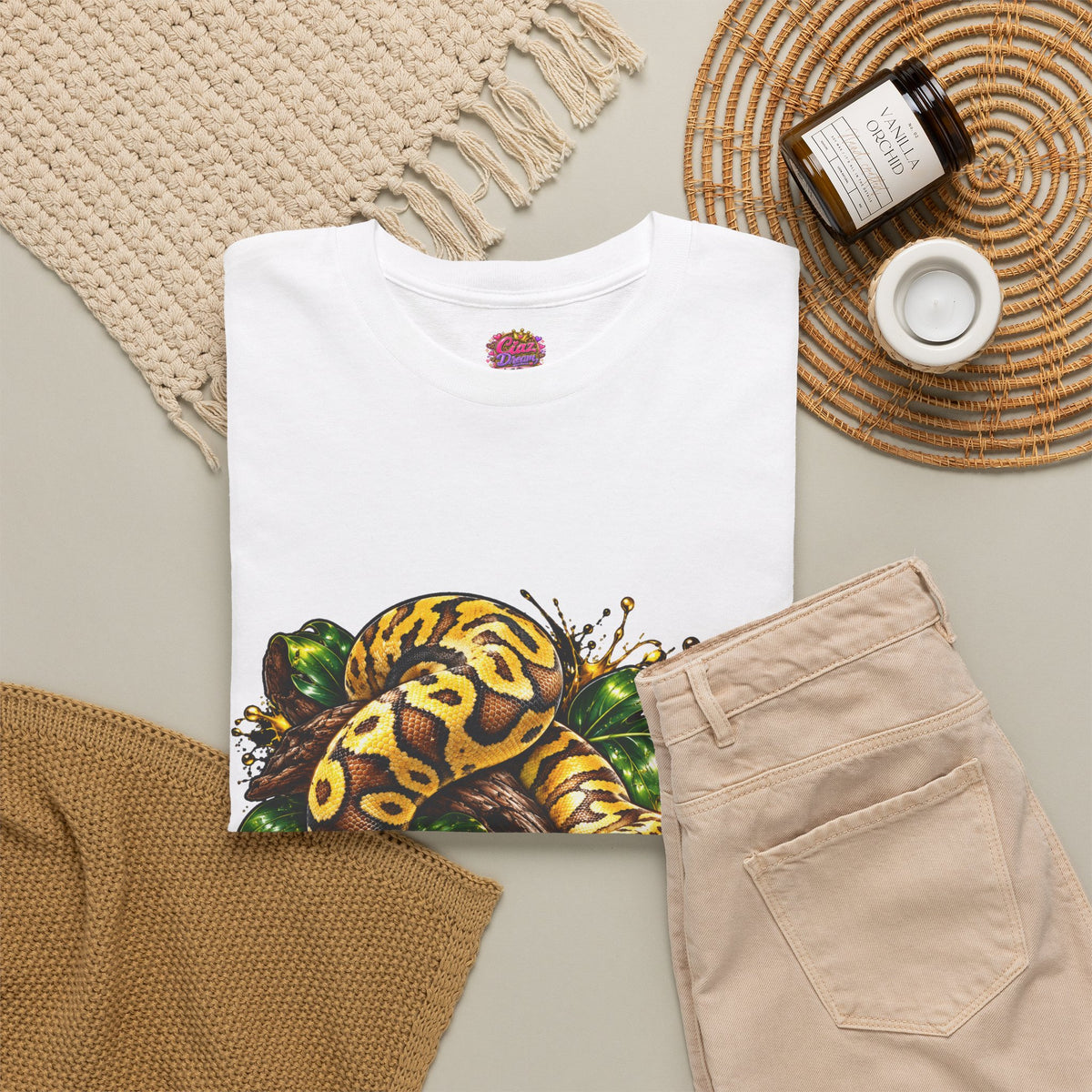 Ball Python Illustration T‑Shirt — Yellow Jungle Snake Graphic Tee