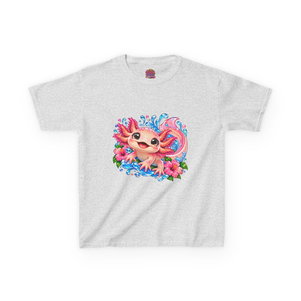 Cute Axolotl Kids T-Shirt — Pink Watercolor Axolotl with Flowers (Children's Tee)