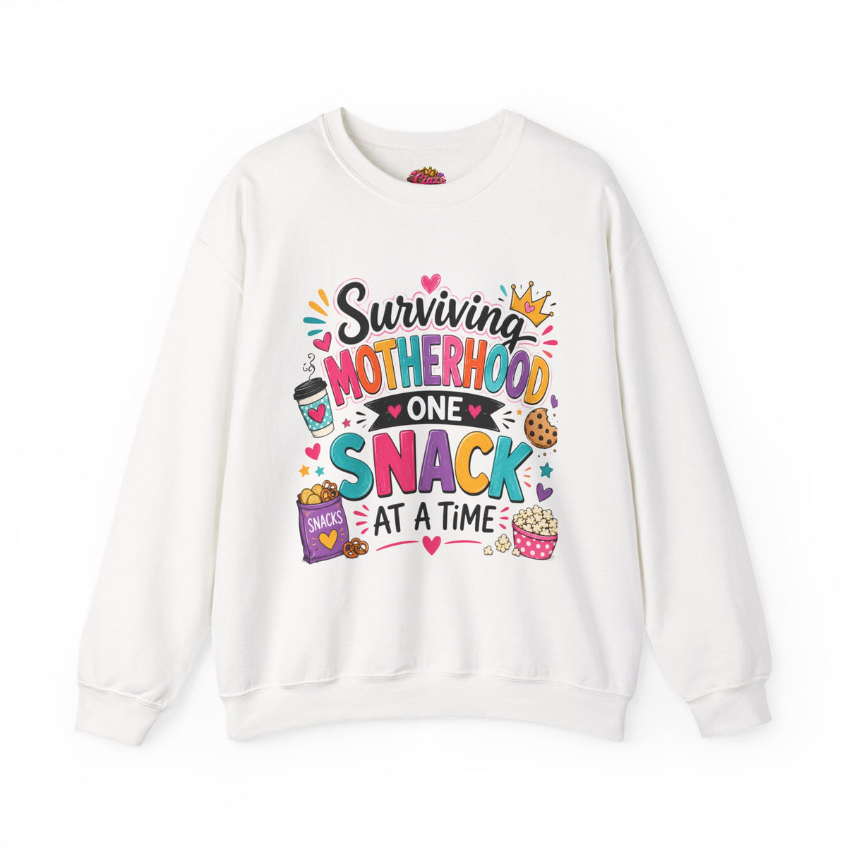 Motherhood Snack Crewneck Sweatshirt — "Surviving Motherhood One Snack at a Time"