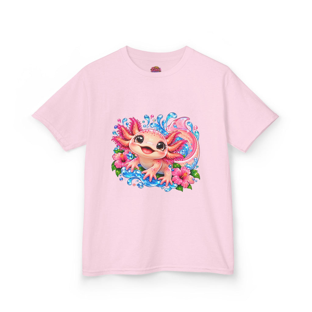 Cute Axolotl Kids T-Shirt — Pink Watercolor Axolotl with Flowers (Children's Tee)
