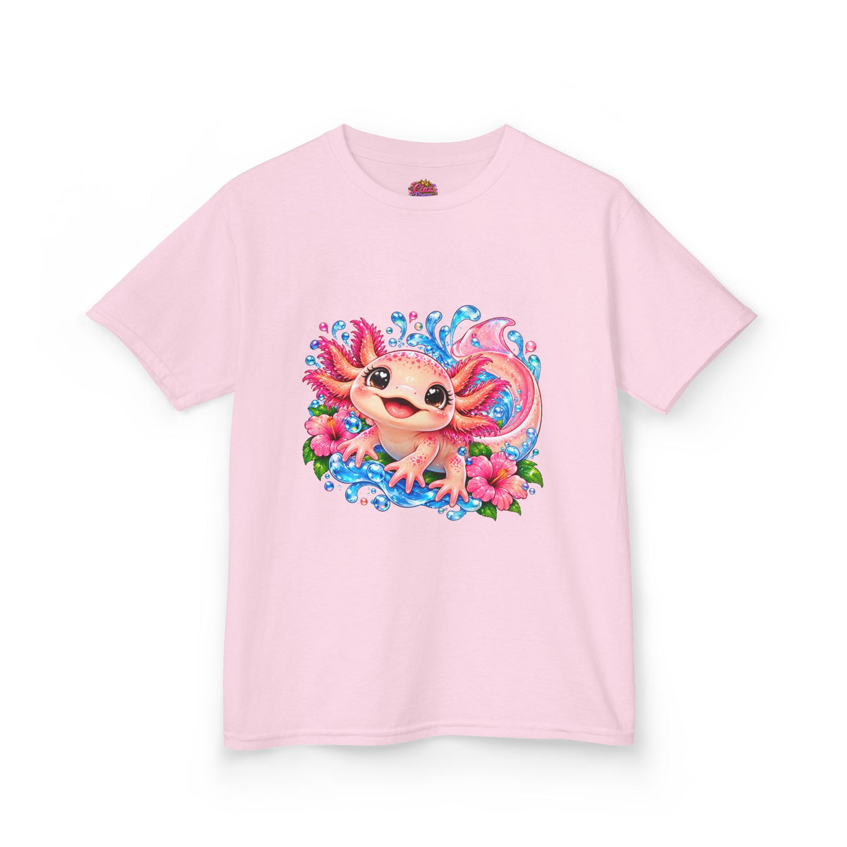 Cute Axolotl Kids T-Shirt — Pink Watercolor Axolotl with Flowers (Children's Tee)