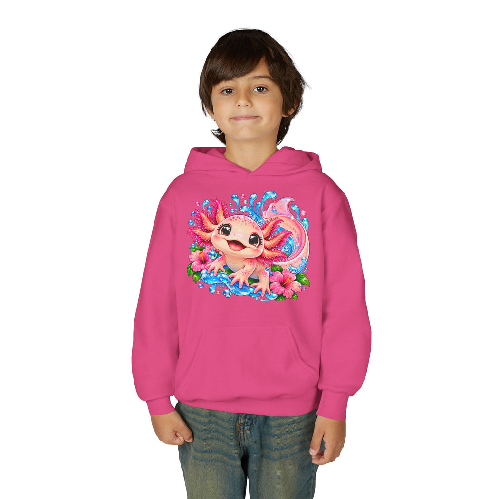 Axolotl Kids Hoodie - Cute Pink Axolotl with Flowers & Water Splash Youth Sweatshirt