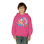 Axolotl Kids Hoodie - Cute Pink Axolotl with Flowers & Water Splash Youth Sweatshirt